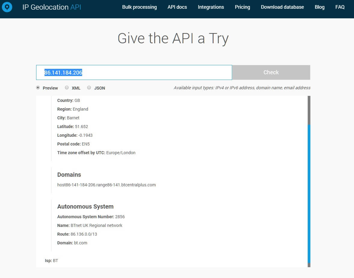 Perform an IP geolocation lookup Perform an IP geolocation lookup